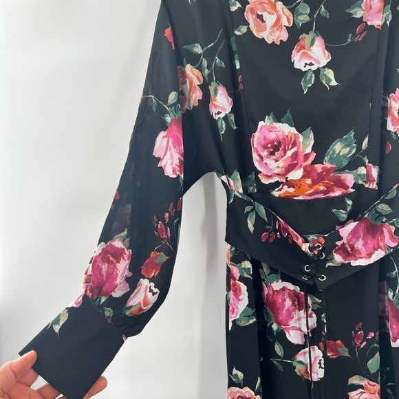 Everly Womens Pink Black Floral Long Sleeve Dress With Lace Up Waist Size S - Picture 2 of 10